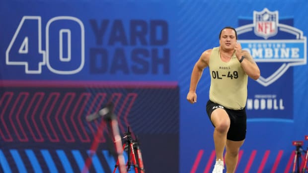 North Carolina State offensive lineman Dylan McMahon (OL49) during the 2024 NFL Combine at Lucas Oil Stadium.
